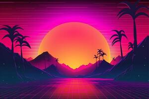 ein Digital Illustration von ein Sonnenuntergang mit Berge im das Hintergrund mit generativ ai foto