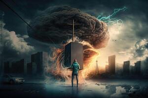 ein Mädchen steht im Vorderseite von ein nuklear Explosion und Uhren diese Schauspiel, das Apokalypse und das nuklear Pilz von das Explosion. generativ ai, foto