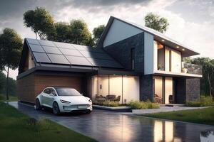 ein Haus mit Solar- Paneele und ein elektrisch Auto, ein energieunabhängig Haus, ökologisch freundlich Energie im das Haus, generativ ai. foto