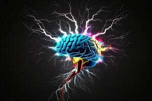 das Mensch Gehirn explodiert mit farbig aktiv Neuron Enden, Zukunft Gehirn Aktivität Forschung, generativ ai. foto