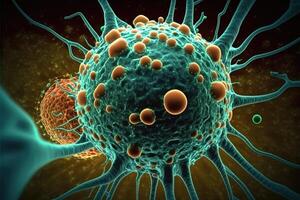 das Attacke von fremd und ungesund Zellen auf gesund Zellen, das Verbreitung von Krebs Zellen und Metastasen, generativ ai. foto