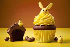 Schokolade Cupcakes und Hasen auf ein Gelb Hintergrund, Ostern Karte und kostenlos Raum zum Inschrift, generativ ai. foto