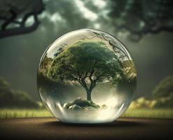 ein Glas Ball mit ein Baum Innerhalb Es, ai foto