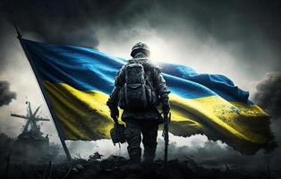 ein Mann mit ein Rucksack Stehen im Vorderseite von ein Ukraine Flagge - - generativ ai foto