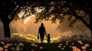 ein Silhouette von ein Mutter und Kind halten Hände und Gehen im ein Park umgeben durch Blühen Blumen - - ai generiert foto