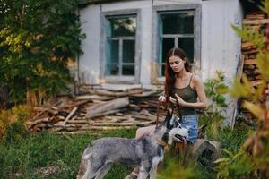 Frau und ihr heiser Hund glücklich spielen draußen im das Park unter das Bäume Lächeln mit Zähne im das Herbst gehen mit ihr Haustier foto