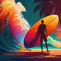 Surfer auf das Strand. Illustration ai generativ foto