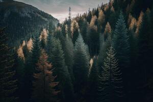 stilisiert Vertikale Panorama von Wald im das Französisch Alpen. Illustration ai generativ foto