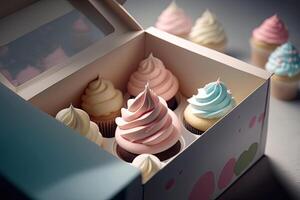 Cupcake Verpackung Lieferung Box Vanille Cupcakes. Illustration ai generativ foto