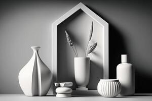 stilvoll minimalistisch grau Komposition mit Design Vasen. Illustration ai generativ foto