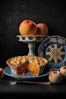 Apfel und Pfirsich Kuchen auf Platten Dokumentarfilm Fotografie. Illustration ai generativ foto