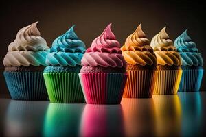 Regenbogen bunt Cupcakes. Illustration ai generativ foto