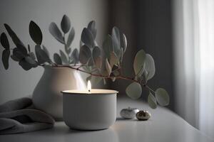 Eukalyptus Blatt Ast im Weiß Schüssel und Verbrennung Kerze. Illustration ai generativ foto