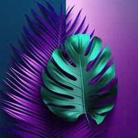 ein groß frisch Palme Blatt auf ein Duotone lila-violett-blau. Illustration ai generativ foto