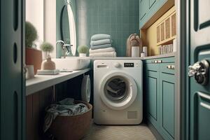 Innere von Badezimmer mit modern Waschen Maschine. Illustration ai generativ foto
