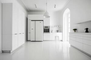 das Innere von ein minimalistisch Küche mit Weiß Wände. Illustration ai generativ foto