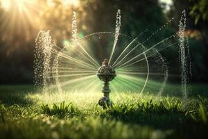 Sprinkler im Park Sprühen Wasser auf üppig Grün Gras. Illustration ai generativ foto