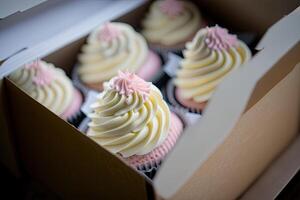 Cupcake Verpackung Lieferung Box Vanille Cupcakes. Illustration ai generativ foto