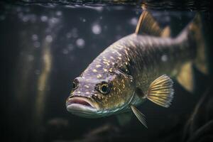 Angeln. Nahansicht geschlossen von ein Zander Fisch unter Wasser. Illustration ai generativ foto