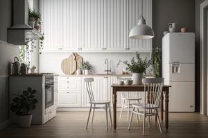 skandinavisch klassisch Weiß Küche mit hölzern Einzelheiten. Illustration ai generativ foto