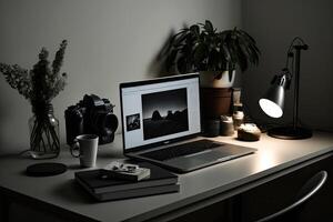 kreativ und minimalistisch Zuhause Büro Schreibtisch. einfach Arbeitsplatz. Illustration ai generativ foto