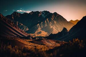 Berge während Sonnenuntergang. schön natürlich Landschaft. Illustration ai generativ foto