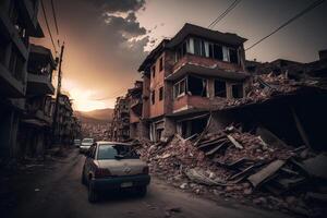Erdbeben. Zerstörung von Gebäude, Pannen.. Illustration ai generativ foto