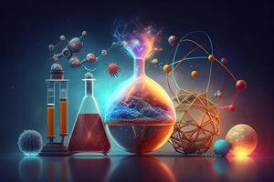 Wissenschaft Hintergrund Illustration, wissenschaftlich Design. Flaschen, Glas und Chemie, Physik Elemente. generativ ai foto