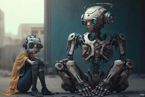 Roboter Sitzung mögen Menschen, klein Roboter und gewachsen oben Android auf Straße, generativ ai foto