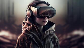 Person trägt vr, Metaverse Illustration. virtuell Wirklichkeit, Mann mit Brille. Technologie von Zukunft, generativ ai foto