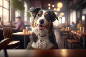 süß Hund im Cafe Porträt, glücklich und komisch aussehen generativ ai foto