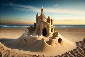 Sand Schloss auf das Strand. Sand Spaß. ai generiert foto