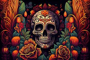 dia de los Muertos Hintergrund Tag von das tot Kunst Dekoration, Knochen Schädel Blume Ornament Urlaub Hintergrund, generativ ai foto