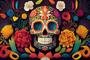 dia de los Muertos Hintergrund Tag von das tot Kunst Dekoration, Knochen Schädel Blume Ornament Urlaub Hintergrund, generativ ai foto