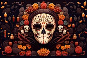 dia de los Muertos Hintergrund Tag von das tot Kunst Dekoration, Knochen Schädel Blume Ornament Urlaub Hintergrund, generativ ai foto