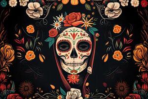 dia de los Muertos Hintergrund Tag von das tot Kunst Dekoration, Knochen Schädel Blume Ornament Urlaub Hintergrund, generativ ai foto