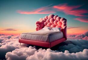 Bett zum Schlaf steht auf Rosa Wolken. gut Sanft schlafen. ai generiert foto