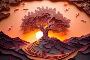 Baum wachsend auf oben von das hügel, Orange Sonne auf Hintergrund, Landschaft Design generativ ai Illustration foto