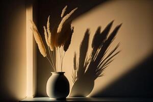 trocken Pampas Gras Schilf im ein stilvoll Vase. Schatten auf das Hintergrund. Illustration ai generativ foto