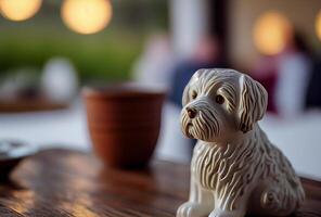 Porzellan Hund steht auf ein hölzern Tisch. verschwommen Zimmer Hintergrund. ai generiert foto