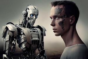 Person und Roboter Porträt, Mann und Android, Illustration von Technologie und Zukunft, generativ ai foto