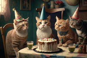 Katze im Geburtstag Kappen sitzen beim Party. Illustration ai generativ foto