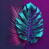 ein groß frisch Palme Blatt auf ein Duotone lila-violett-blau. Illustration ai generativ foto