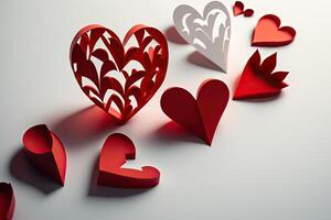 Valentinsgrüße Tag Karte. rot Papier Herzen auf Weiß Papier Hintergrund. Illustration ai generativ foto