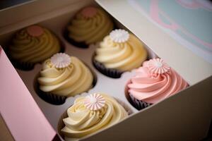 Cupcake Verpackung Lieferung Box Vanille Cupcakes. Illustration ai generativ foto