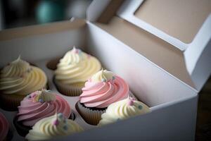 Cupcake Verpackung Lieferung Box Vanille Cupcakes. Illustration ai generativ foto