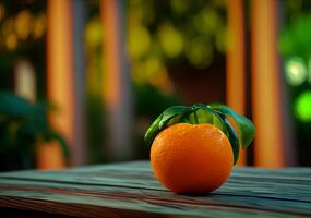 reif Orange Orange auf ein hölzern Tabelle auf ein Garten Hintergrund. ai generiert foto