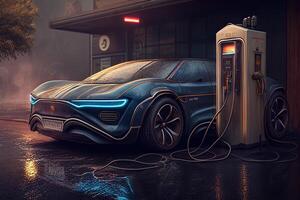 elektrisch Auto Elektromobil Öko Transport, Auto Motor Motor- mit ökologisch Energie, Karte Modell- mit Beleuchtung und Kabel, generativ ai foto