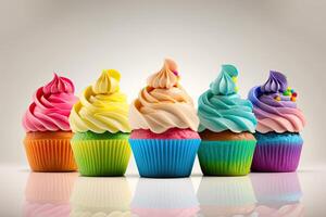 Regenbogen bunt Cupcakes. Illustration ai generativ foto