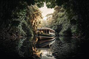 Boot schwimmt auf das Fluss im tropisch Wald. Illustration ai generativ foto